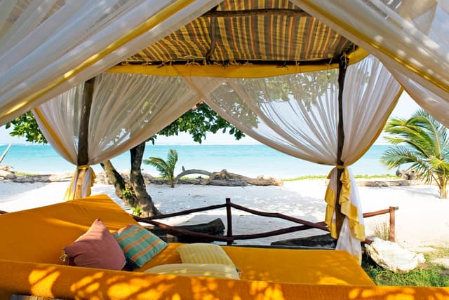 Beachfront cabana overlooking the Indian Ocean at Diani Beach, Kenya