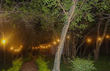 The camp pathways lit at night